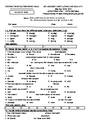 Đề khảo sát chất lượng cuối học kỳ I môn Tiếng Anh Lớp 8 (Hệ 7 năm) - Năm học 2018-2019 - Trường THCS thị trấn Sông Thao (Có đáp án)